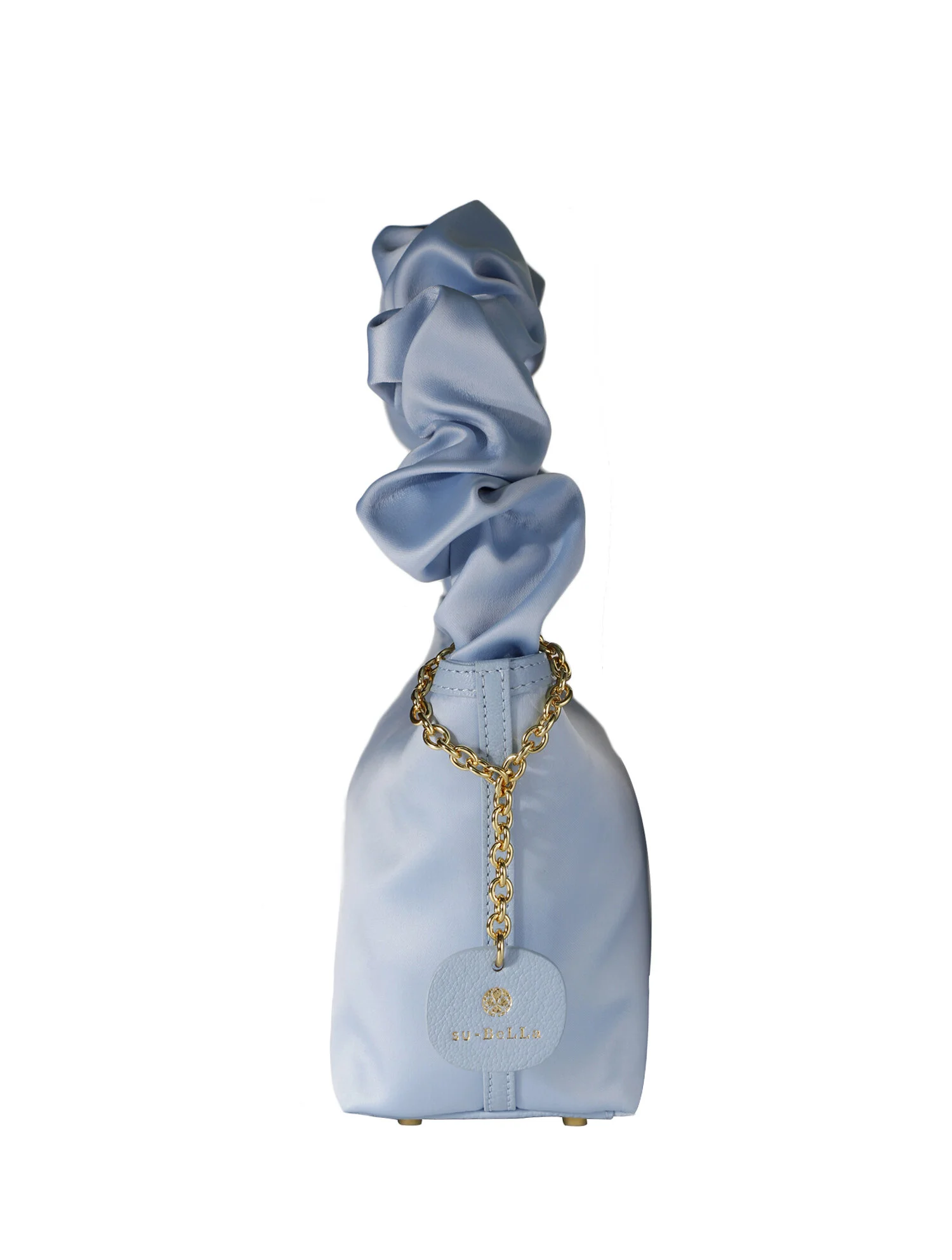 ■SATUR■ Scrunchie Mini Tote and Crossbody Bag Sky Blue SA2 Sisi Sky Blue Satin Scrunchie Mini Tote — Subella London